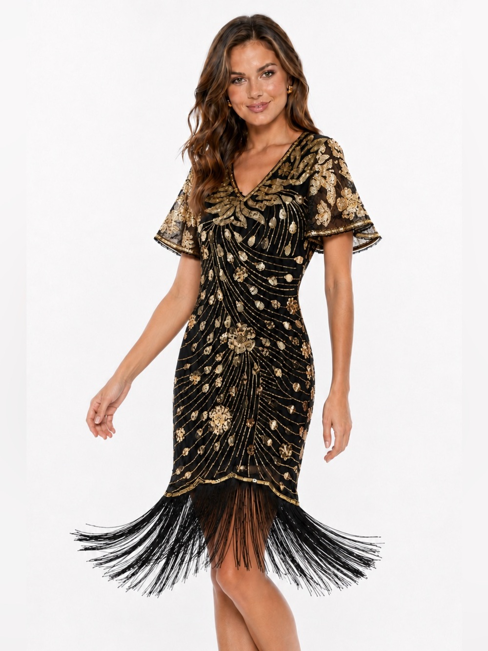 Yessa Black Gold Sequin Fringe Gatsby Roaring 20s Dress XXL NWT